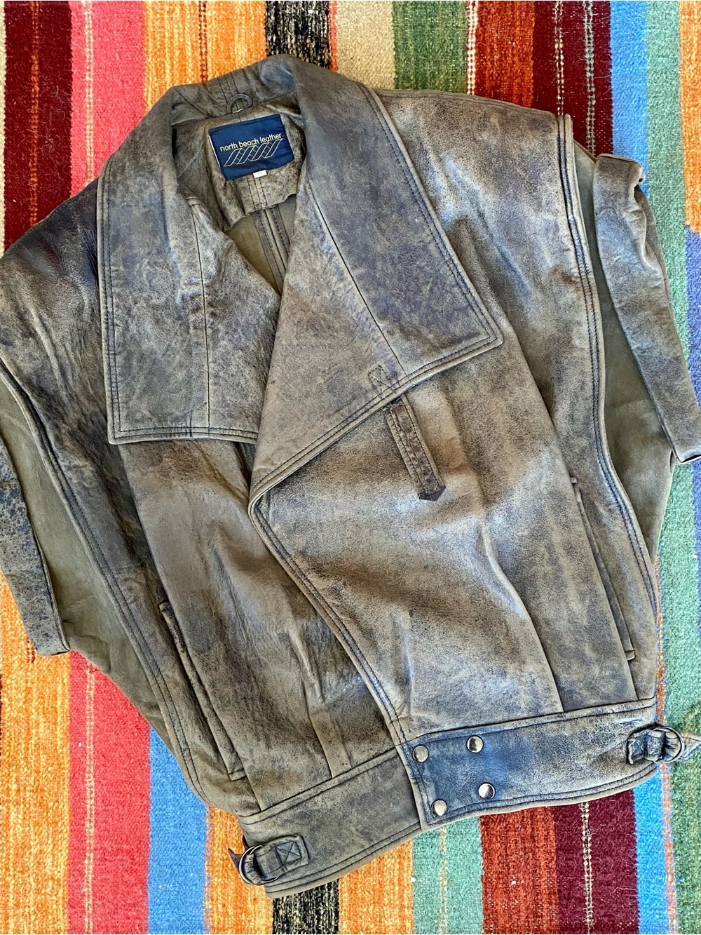 1980s North Beach Leather Distressed Leather Bomber Jacket / Vest